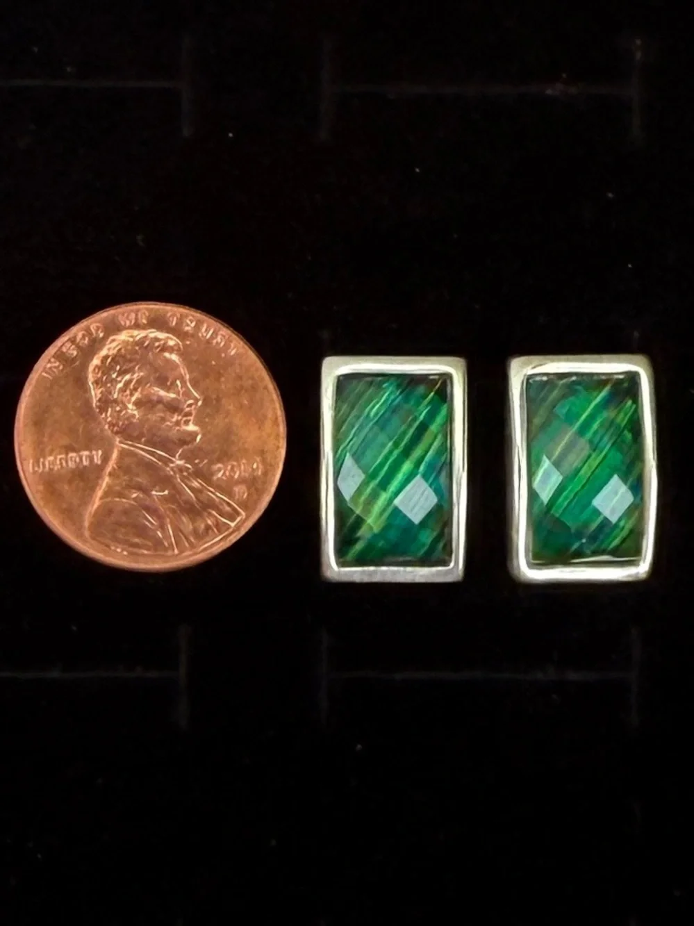 Vintage Aged Silvertone Green Stud Pierced Earrings